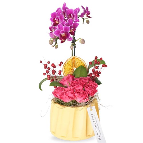 Honey Orchid Roses (Pembe Güller ve Mor Orkide Aranjmanı)