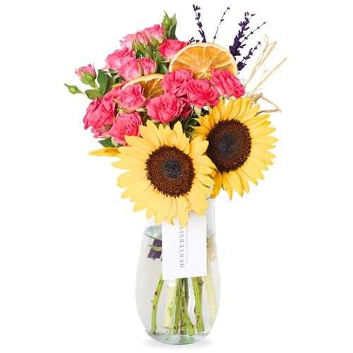 Sunflower & Roses (Ayçiçeği ve Pembe Güller Buketi)