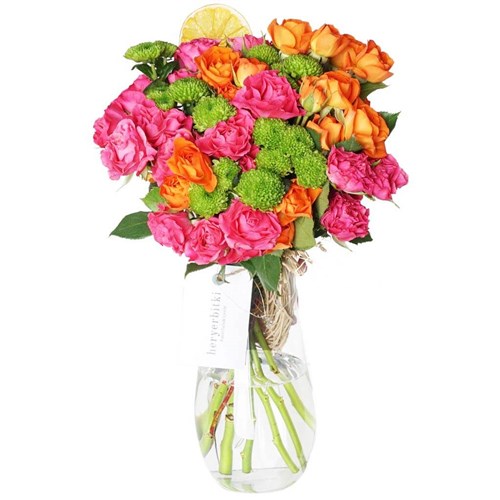 Large Confetti Bouquet (Pembe, Turuncu Güller Buketi Vazolu)