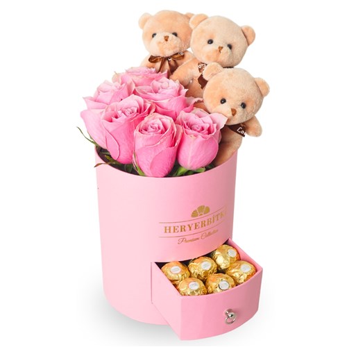 Premium Pembe Kutuda Pembe Güller, Ayıcık ve Ferrero Rocher
