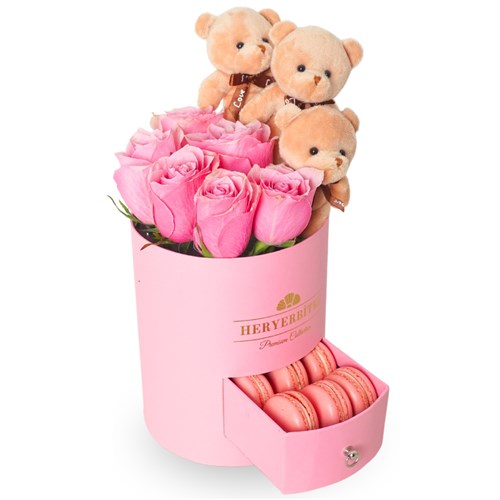 Premium Pembe Kutuda Pembe Güller, Ayıcık ve Macaron