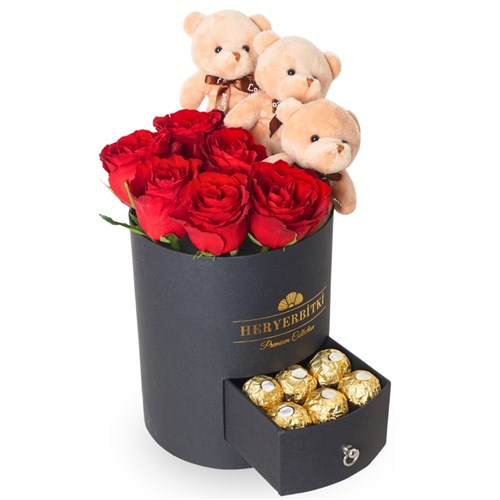 Premium Siyah Kutuda Kırmızı Güller, Ayıcık ve Ferrero Rocher