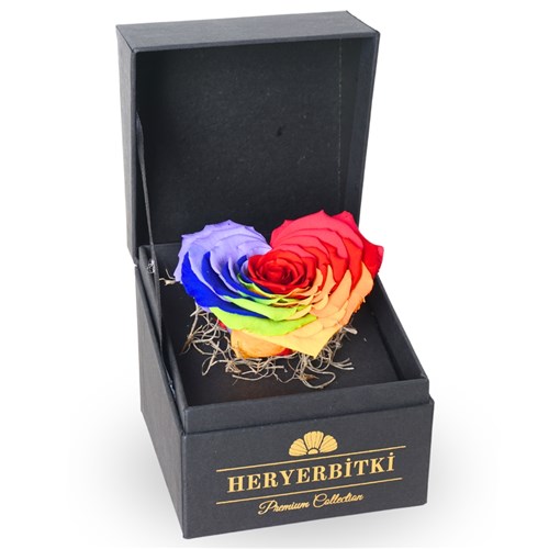 Premium Kutuda Rainbow Kalp Solmayan Gül