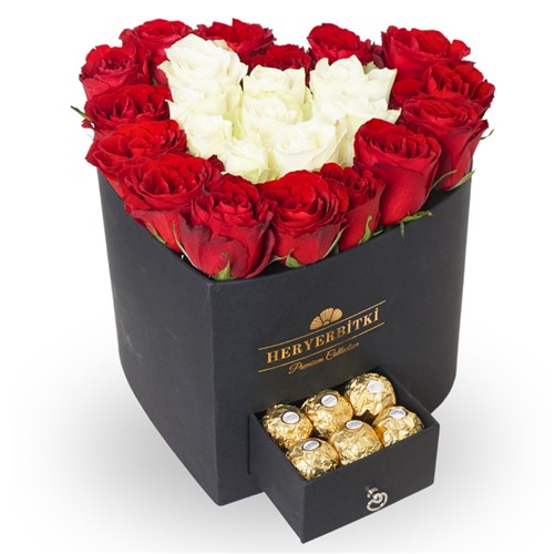 Premium Kalp Kutuda Kırmızı, Beyaz Güller ve Ferrero Rocher