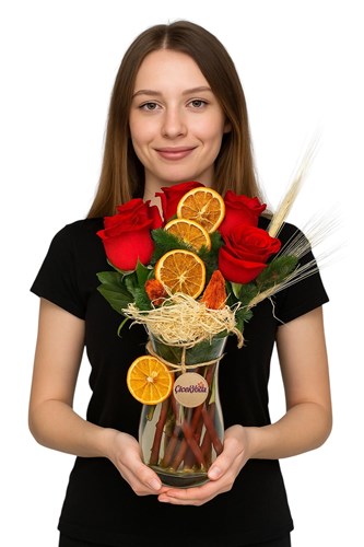 5 Red Roses in a Glass Vase