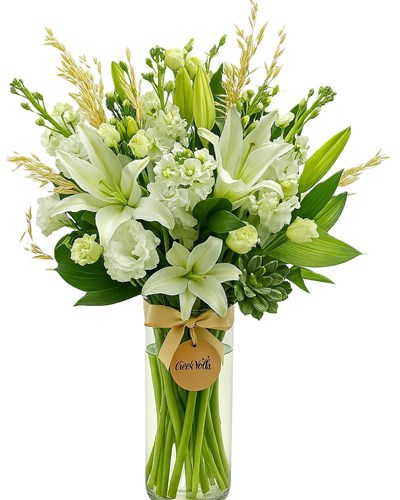 Cam Vazoda Beyaz Lilyum ve Lisianthus Aranjmanı